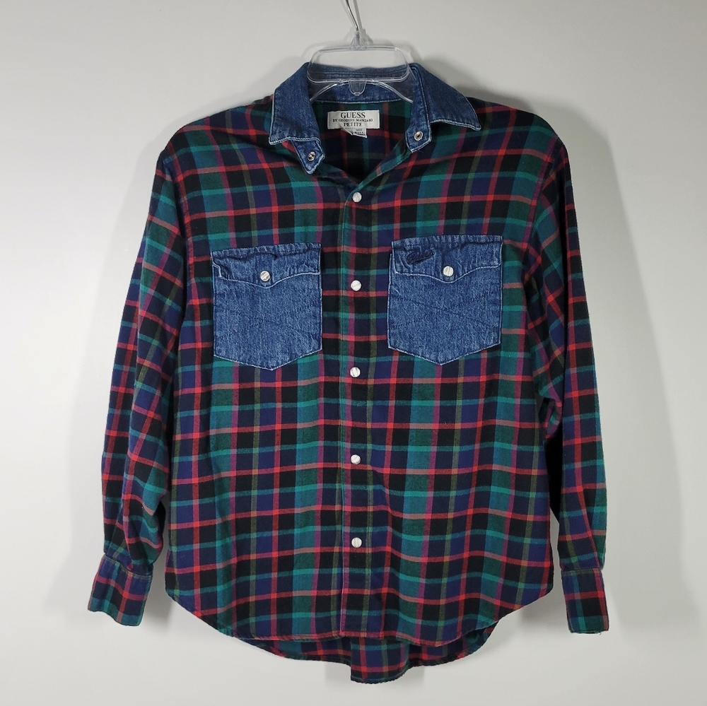 Guess Jeans Red Green Plaid Pearl Snaps Button Down Denim Western Shirt Women SP